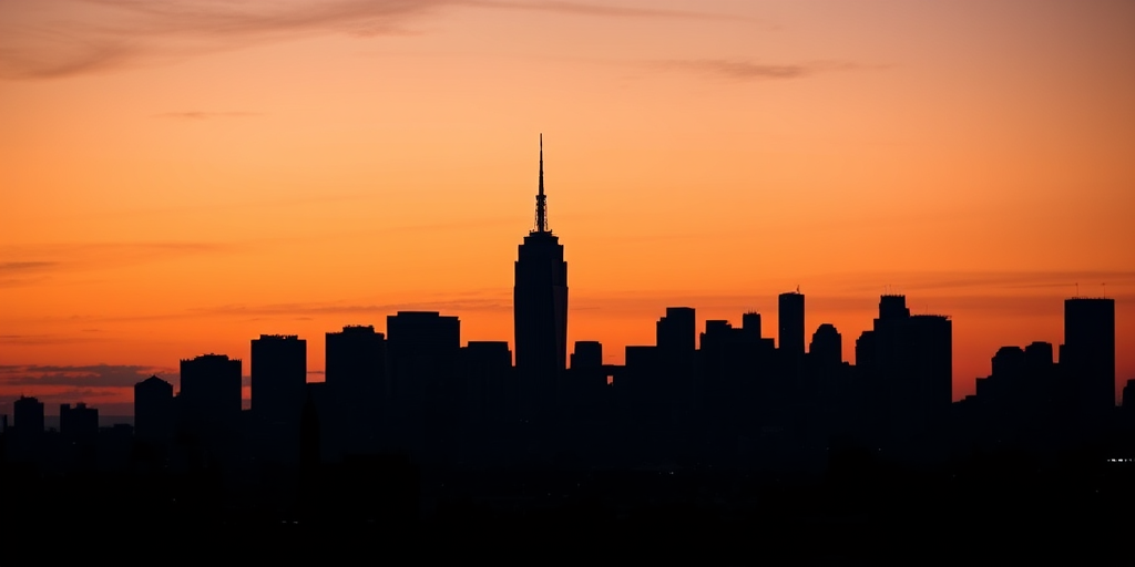 Capture a high-detailed silhouette of a city skyline at dusk, using a full-frame DSLR camera with an 85mm f/1.4 lens, ISO 200, aperture f/8, and a shutter speed of 1/60 seconds for optimal clarity and depth.