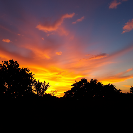 outdoor scene with a vibrant sunset, warm colors in the sky, silhouette of trees in the foreground, taken with a DSLR camera, 50mm lens, aperture f/2.8, ISO 100, 1/200 sec, landscape view, high dynamic range for enhanced detail