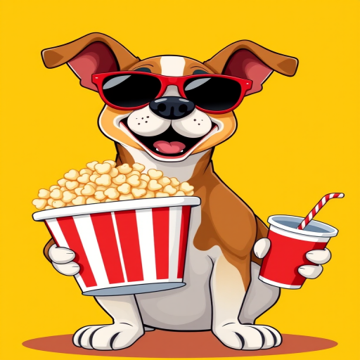 Create a cartoon-style illustration of a dog wearing red sunglasses, holding a large popcorn bucket and a soda cup, with a bright yellow background, shot with a Canon EOS 5D Mark IV at f/8, ISO 200, 50mm lens, in vibrant colors and high contrast.