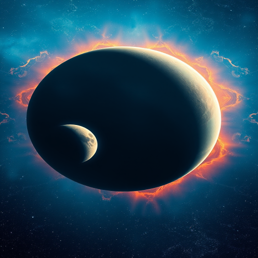 Generate a cosmic scene featuring a large planet and a smaller moon near a black hole with vibrant blue and starry backgrounds, captured with a Canon EOS R5, 24mm lens, f/2.8 aperture, ISO 800, shutter speed 1/250s, in a wide-angle view for enhanced depth and detail.