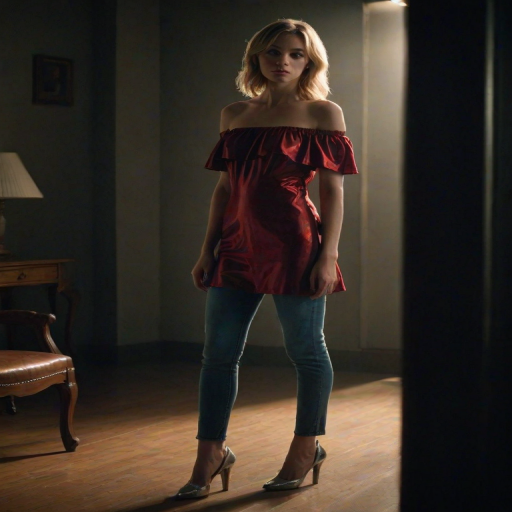 Full body shot photo of a young Caucasian woman standing in a dimly lit room with a moody, atmospheric vibe; the lighting is low, with warm shadows creating a mysterious, intimate ambiance. The woman has fair skin with natural textures such as subtle pores, and her wavy blonde hair with bangs frames her face, adding a soft glow where the dim light touches. She wears a red off-shoulder dress that drapes elegantly, with the phrase "Please Please Please" spelled out in shiny silver letters across the fabric paired with blue denim jeans and leather shoes, catching the faint light and adding a reflective detail that contrasts with the dark surroundings. Her expression is pensive, with a distant gaze slightly to her left, conveying a sense of introspection. The background is blurred but shows hints of vintage furniture, lending an old-fashioned and contemplative character to the scene. The overall composition is balanced, with the subject's placement to the right creating a dynamic tension that draws attention to both her and the shadows enveloping the room, while the lighting accentuates the rich details of her attire and the reflective lettering