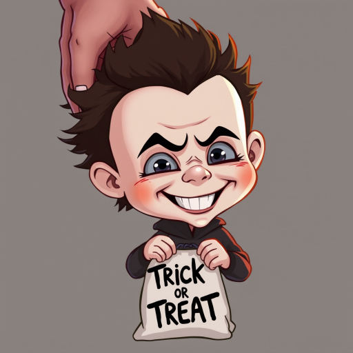 A whimsical caricature of a child version of Michael Myers, grinning mischievously. He is held by the hand of an unrecognizable person (only their hand visible), while holding a bag labeled 'Trick or Treat.' His facial expression is playful yet slightly menacing, reflecting his iconic figure. The scene is in portrait format with a Halloween theme, featuring exaggerated cartoon details like big eyes, a small body, and a creepy yet light-hearted tone.