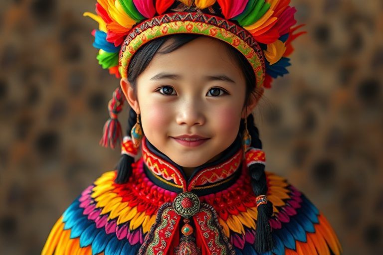 A beautiful Mongolian girl, wearing colorful bird clothing with vibrant colors