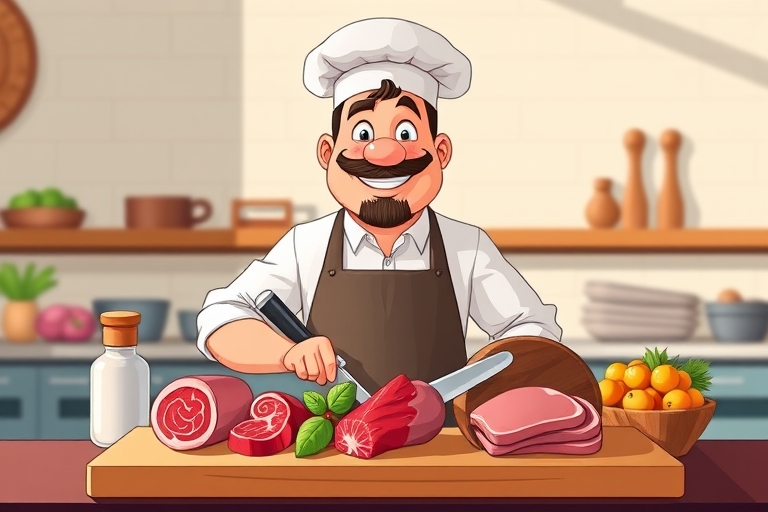Create a high-resolution digital illustration of a cartoon butcher character standing behind a wooden cutting board with various types of meat, wearing a white shirt and a chef's hat, using vibrant colors and simple shapes, shot with a Canon EOS 5D Mark IV, 50mm lens at f/2.8 aperture, in natural lighting for enhanced depth and clarity.