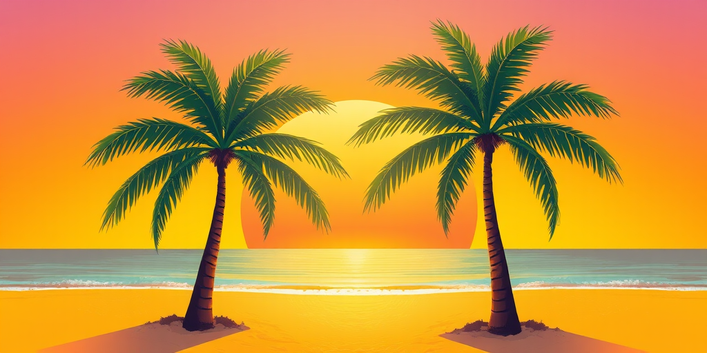 Create a vibrant illustration of two palm trees in front of a large sunset with a soft yellow beach, using a Canon EOS R5 with a 50mm lens, at f/1.8, ISO 100, and a shallow depth of field to enhance colors and clarity.