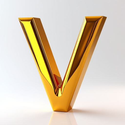 Create a high-resolution image of a shiny 3D gold letter V with reflections and highlights, shot with a DSLR camera at f/8 aperture, ISO 100, 50mm lens, in a well-lit studio setting, using softbox lighting to enhance the glossiness and depth.
