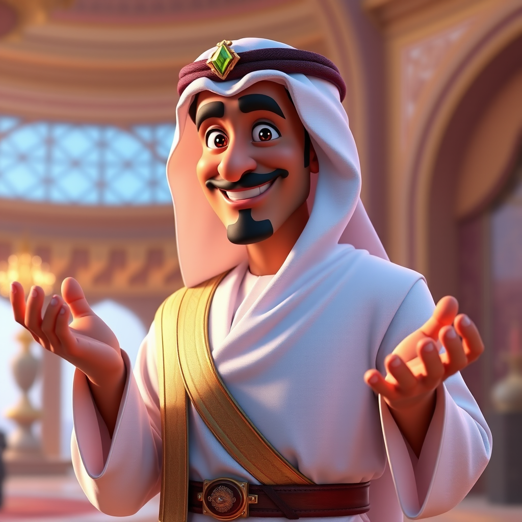 Create a 3D rendering of a wealthy Arab male sheikh from Dubai, inspired by the Disney animation style. The sheikh must have a smile and a playful but wise character. Place your character in an atmosphere of wealth and luxury. The image must be in high resolution format. Dynamic pose above the waist, gesturing with hands (Pixar Art style)++ highly detailed digital painting, art stations, concept art, soft focus, hard focus, illustrations. cinematic, visual effects, HDR, Unreal Engine 5, ray tracing, soft light, 8k, high detail, sparkling backlighting, luxury gem, game art, 3d, cartoon, colorful, magical, mysterious