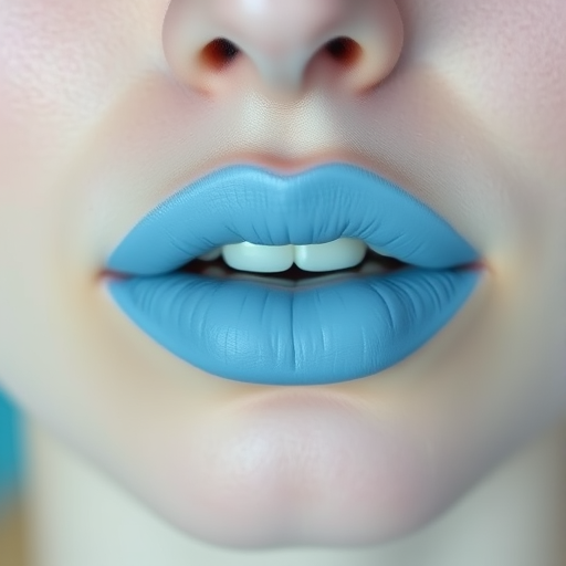 Pastel blue lips with a matte finish, evoking a dreamy and whimsical mood, ideal for a surrealist art-inspired photoshoot or makeup tutorial