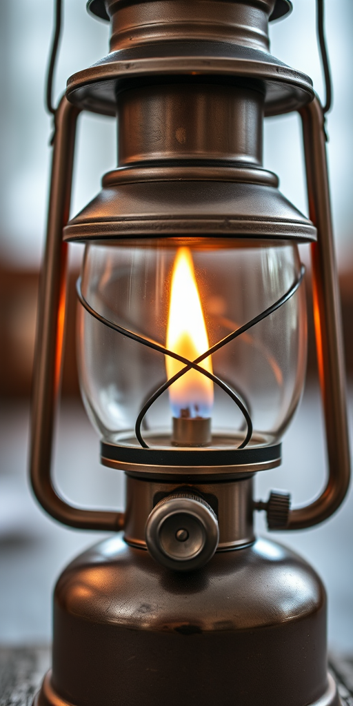 create a highly detailed image of a vintage oil lantern with a flame visible inside, captured in a close-up view using a DSLR camera, aperture set to f/2.8 for a shallow depth of field, ISO 100 for minimal noise, and a shutter speed of 1/125 seconds to capture fine details and enhance image quality