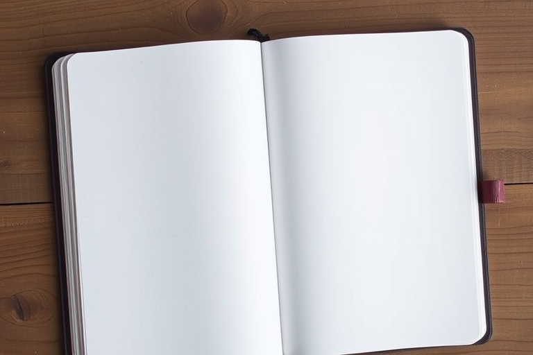 Create a highly detailed, high-resolution image of an open notebook with blank pages, top-down view, using a DSLR camera, aperture f/2.8, shutter speed 1/125s, ISO 100, natural lighting to enhance clarity and texture.