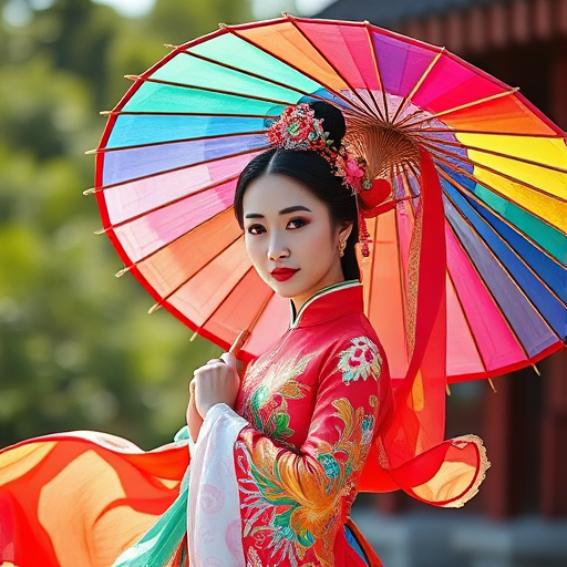 Regenerate an image of a traditional Chinese performer gracefully holding a colorful parasol and flowing silk scarf, captured with a Canon EOS R5 at f/2.8, ISO 100, 1/500s, using a portrait lens in natural light to enhance vibrant colors and details.