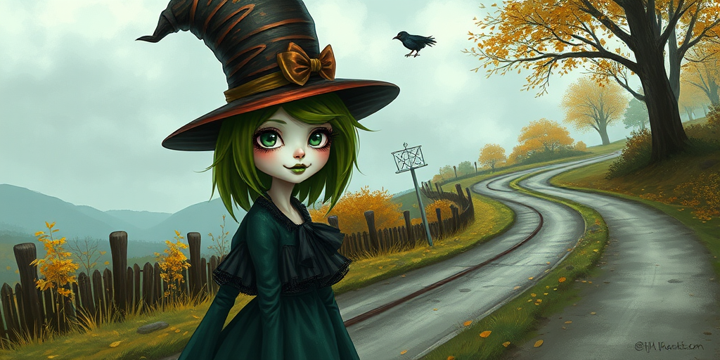 digital art fantasy depicting a strange girl with green hair, long eyelashes, green lipstick and a tall hat walking along a winding road on an autumn afternoon, an Umbrellabird smiles as she passes