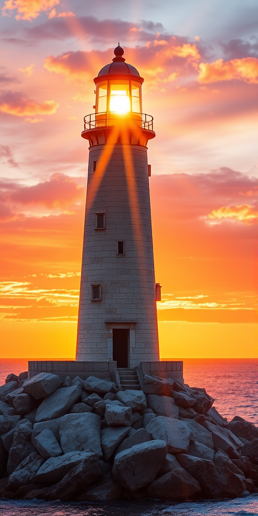 Generate an image of a tall lighthouse perched on a rocky outcrop surrounded by calm ocean waters during a breathtaking sunset. The lighthouse stands sturdy and weathered, its stone surface illuminated by the warm golden light of the setting sun. The sun's rays pass directly through the glass lantern room at the top of the lighthouse, casting a brilliant light across the scene. The sky is painted with vibrant shades of orange, pink, and purple, reflecting off the tranquil sea. The surrounding water shimmers with the same warm hues, creating a serene and majestic atmosphere.