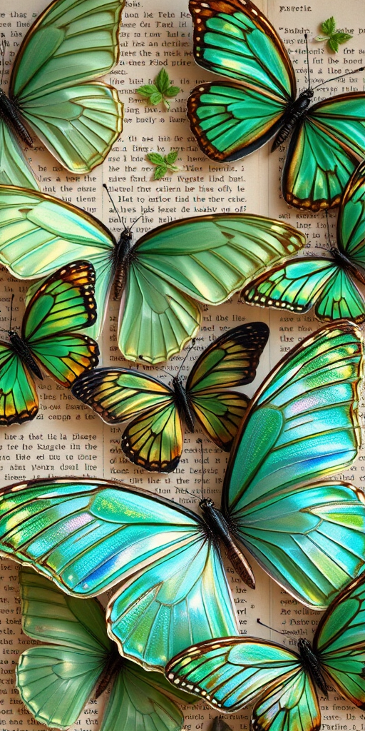Create a visually captivating collage of various butterflies with iridescent wings. Incorporate shades of green and hints of other pastel colors. Arrange the butterflies in a dynamic and artistic manner, blending them with vintage book pages or textured backgrounds to enhance the overall aesthetic. Ensure the butterflies appear delicate and detailed, showcasing their unique patterns and shimmering effects.