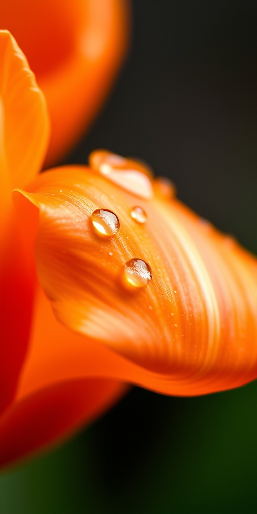 macro shot of a close-up orange tulip with intricate petals and water droplets, shallow depth of field, ISO 100, f/2.8, 1/250s, 85mm lens, Sony A7R IV, natural light