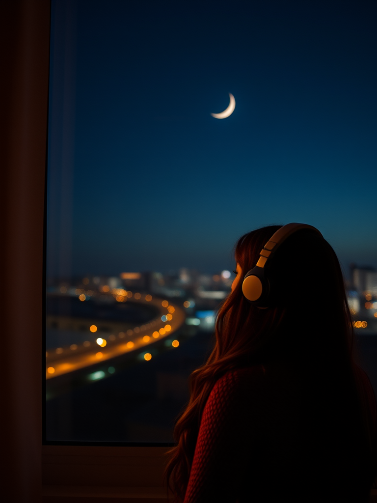 create a cozy nighttime scene of a girl with headphones gazing out a window with city lights and a crescent moon, soft warm lighting, shot with a full-frame camera, f/1.8 aperture, ISO 200, 50mm lens, natural light style, capturing a serene atmosphere