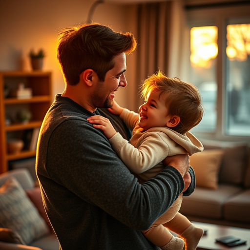 Regenerate a heartwarming image of a father holding his joyful son in a cozy living room setting during golden hour, using a Canon EOS R5 with a 50mm lens, aperture f/1.8, shutter speed 1/200s, ISO 200, soft focus, and warm lighting for enhanced quality.