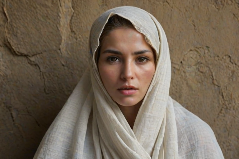 Create a close-up photographic image of a Turkmen woman with light skin tones shown against an old, worn wall. Their head is wrapped in a white cloth covering (i.e.... parts of the head except the nose and mouth, which are open as if they are screaming...), with a slight texture and visible folds in the fabric. Thin strands of blonde hair escape from the wrapping above, falling lightly at the top and sides. Their hands hold the fabric as if they are tugging nervously. The lighting is dramatic and even, casting strong shadows. The image has a minimalist and surreal style with an emphasis on simplicity with soft color tones. The composition is centered.