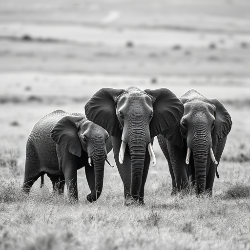 black and white photograph of a family of elephants in a grassy landscape with a blurred background, taken with a Canon EOS R5, 50mm lens, aperture f/2.8, ISO 200, shutter speed 1/500s, natural lighting, shallow depth of field