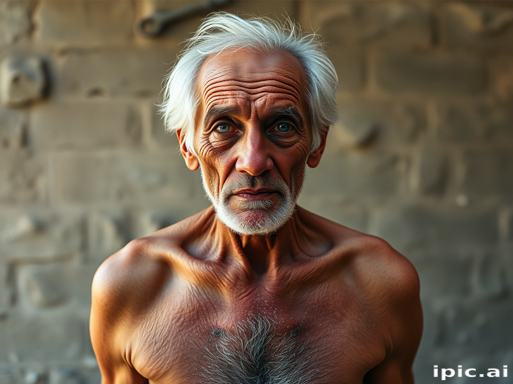 shirtless old man