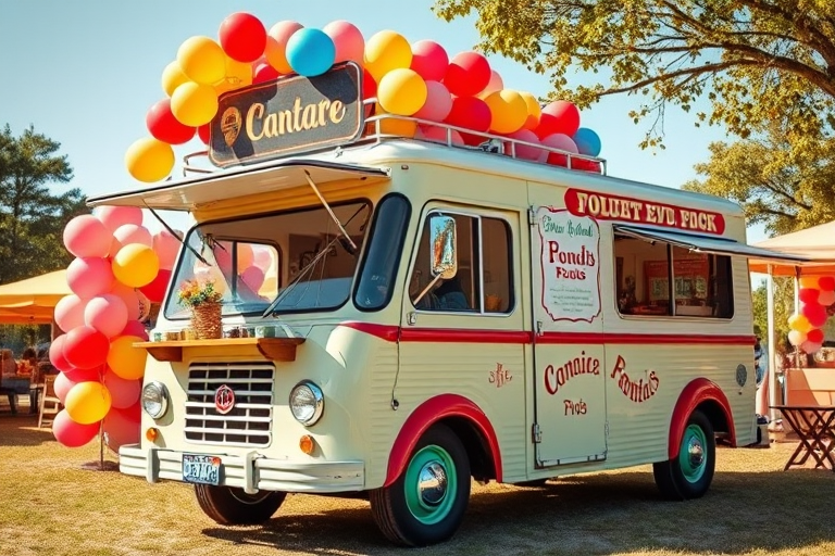 vintage food truck in a cheerful outdoor setting with colorful balloons, bright daylight, wide-angle lens, f/8 aperture, ISO 100, DSLR camera, vibrant colors and crisp details