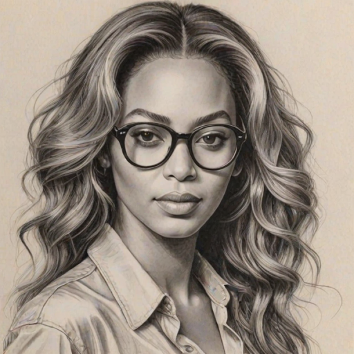 Pleasing Beyonc' Knowles, pencil sketch, portrait of Captivating woman 1974s in glasses, hair style beatnik, outline, clear lines, fine lines, 8k