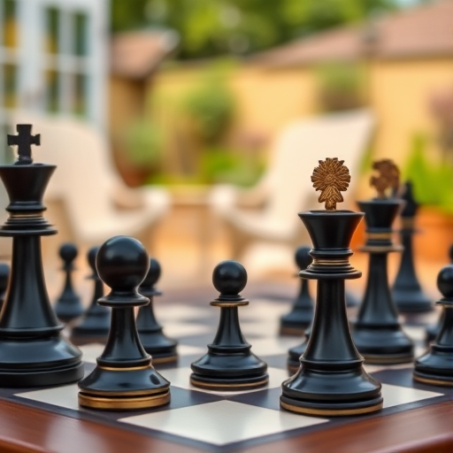 A close-up shot of an ornate chess set featuring glossy black and gold pieces with intricate details, set on a wooden table outdoors, with a blurred background of a cozy garden patio; camera settings: aperture f/2.8, ISO 100, shutter speed 1/200s; camera type: DSLR; lens: 50mm prime; style: vibrant colors with shallow depth of field.