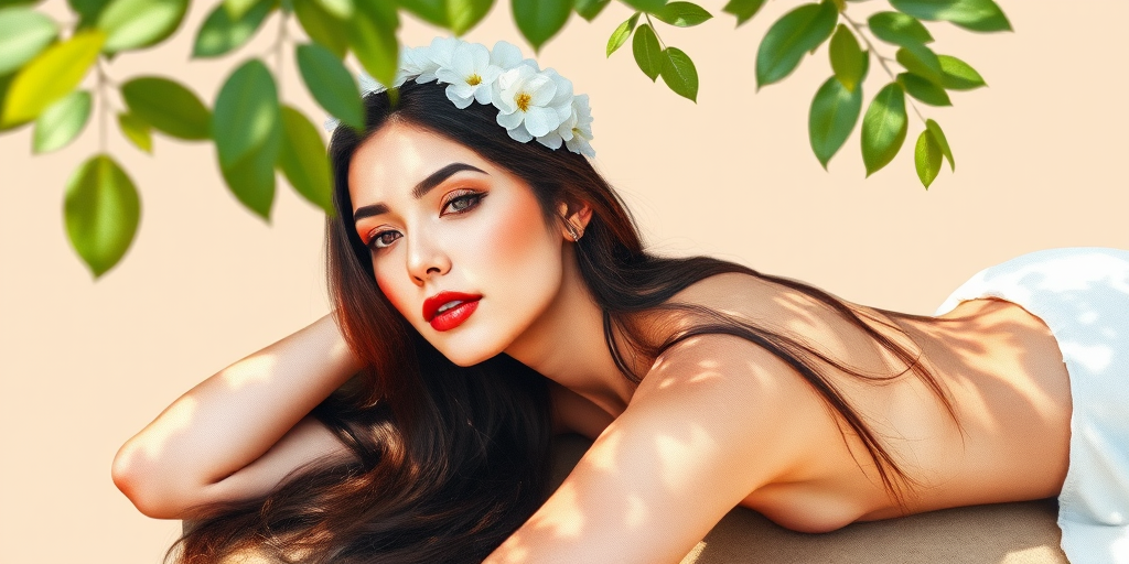 create a watercolor painting of an ethereal portrait of beautiful Sephardic woman with a simple white flower crown on her head. Her hair is long and she is lying on the ground. The sunlight on the trees casts shadows from the leaves on her face and body. The background is a neutral brown color that matches her skin tone. The image is minimalist and solid colors. This style is characterized by soft, delicate brushstrokes and a light, airy, contrasting color palette. High level of detail and play of light