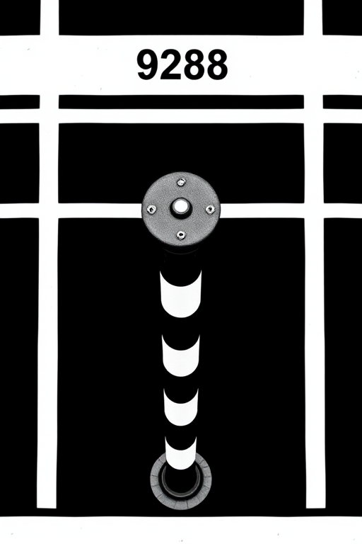A minimalistic black and white graphic of a striped pole with the number 9288 at the top, captured with a DSLR camera in aperture priority mode, f/8, ISO 100, with a 50mm lens to ensure sharpness and depth of field, overhead view, high contrast.