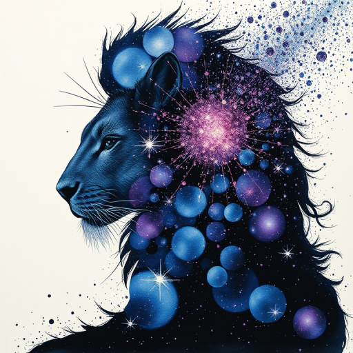Captivating conceptual render alcohol ink art, double exposure, the paint strokes artfully merge combining a woman's full silhouette with a Humble hare's silhouette. The figures are composed of a series of colored dots, lines & spots that evoke the image of a cosmic galaxy, colors are deep shades of blue purple & black with flashes of white & silver representing distant stars. The woman's silhouette is formed within the lion's silhouette from constellations of scattered stars, surreal