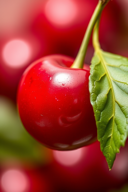 Create a high-resolution image of a shiny red cherry with a green leaf, using a 50mm lens at f/2.8 aperture, ISO 100, natural light, and a shallow depth of field to accentuate the rich colors and glossy texture in a soft-focus background.