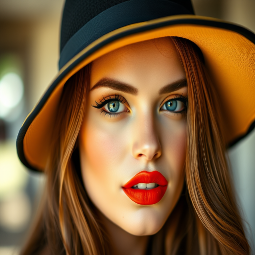 portrait of a woman with vibrant orange lips and makeup, wearing a stylish black hat with a yellow brim, soft focus background, natural light, 85mm lens, f/1.8, ISO 200, slight vignette for emphasis, medium close-up shot, high dynamic range, soft skin tones, detailed textures