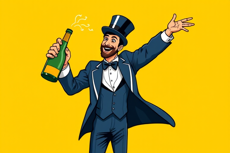 Create an illustration of a man in a top hat holding a bottle of champagne while dancing, set against a bright yellow background, captured in a vibrant cartoon style, using a DSLR camera with a 50mm lens at f/2.8, ISO 100, and a shutter speed of 1/200s for clarity and detail.