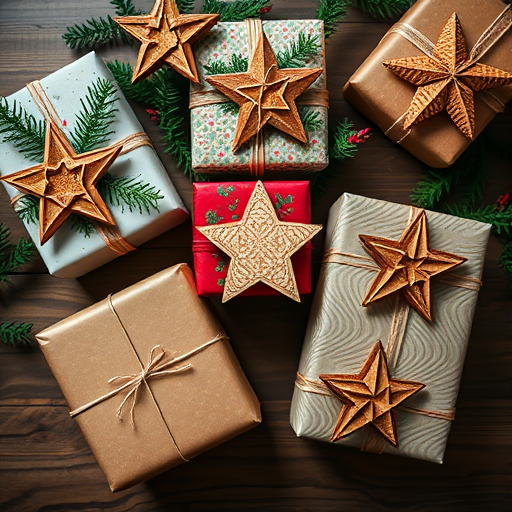 Create an image of beautifully wrapped Christmas gifts adorned with rustic wooden stars and greenery, shot with a Canon EOS R5 at f/2.8, ISO 100, shutter speed 1/60s, top-down view, natural light, high contrast.