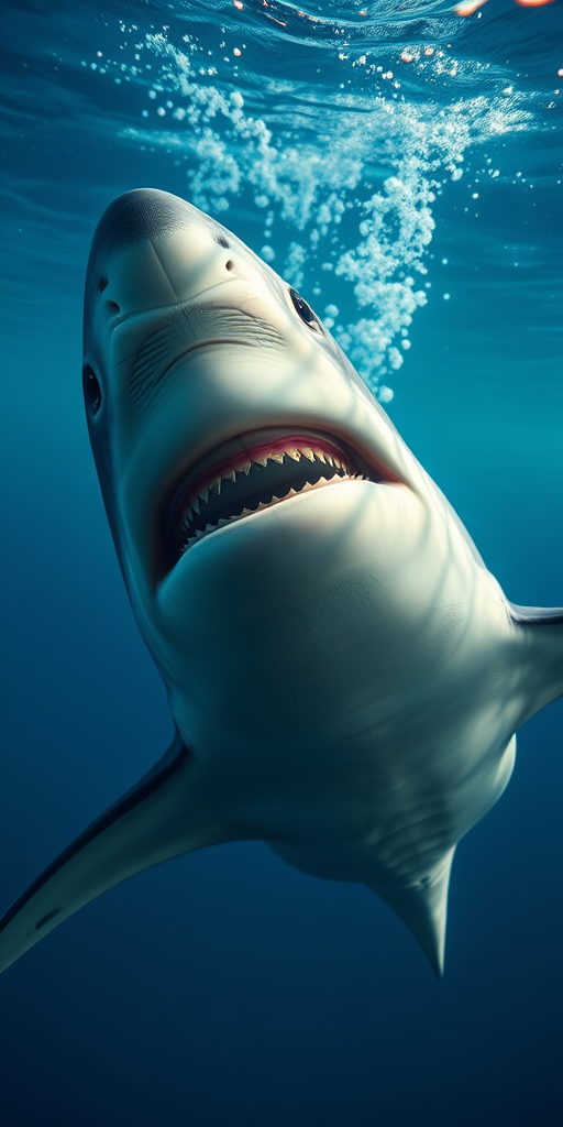 Create a highly detailed 3D render of a great white shark swimming underwater, with a focus on realistic textures and lighting, using a Canon EOS R5 camera, 24mm lens, f/8 aperture, ISO 100, at a wide-angle view for enhanced depth perception.