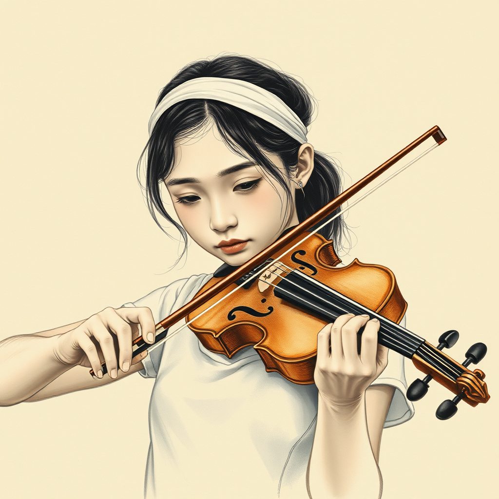 a young Singaporean woman with a white headband playing a violin, in the style of a charcoal drawing, sepia grunge background