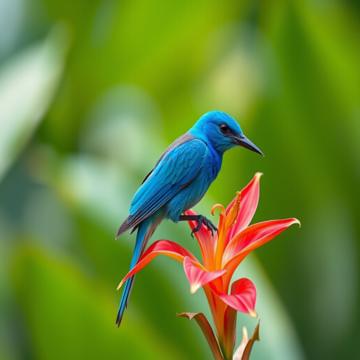 regenerate the image of a vibrant blue bird perched on a colorful tropical flower with a blurred green background, using a DSLR camera with a 100mm lens, aperture f/2.8, ISO 200, shot from a low angle with a shallow depth of field for enhanced focus on the bird and flower details