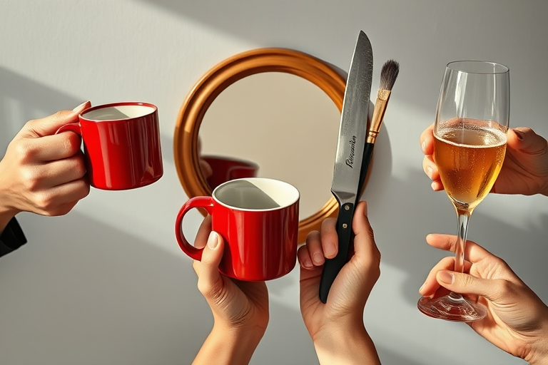 Create a high-resolution image of various hands holding a red coffee mug, a round mirror, a knife, a paintbrush, and a champagne glass, shot with a Canon EOS R5 zoom lens at f/2.8, ISO 100, at a 50mm focal length, with soft natural lighting to enhance details and textures.