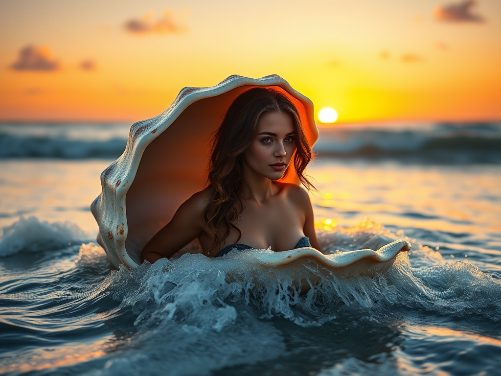 create a highly detailed image of a beautiful woman emerging from a large seashell in the ocean at sunset, with soft waves splashing around her, use a DSLR camera at f/2.8, ISO 100, 50mm lens, angle from a low perspective, golden hour lighting for warm tones and high dynamic range.