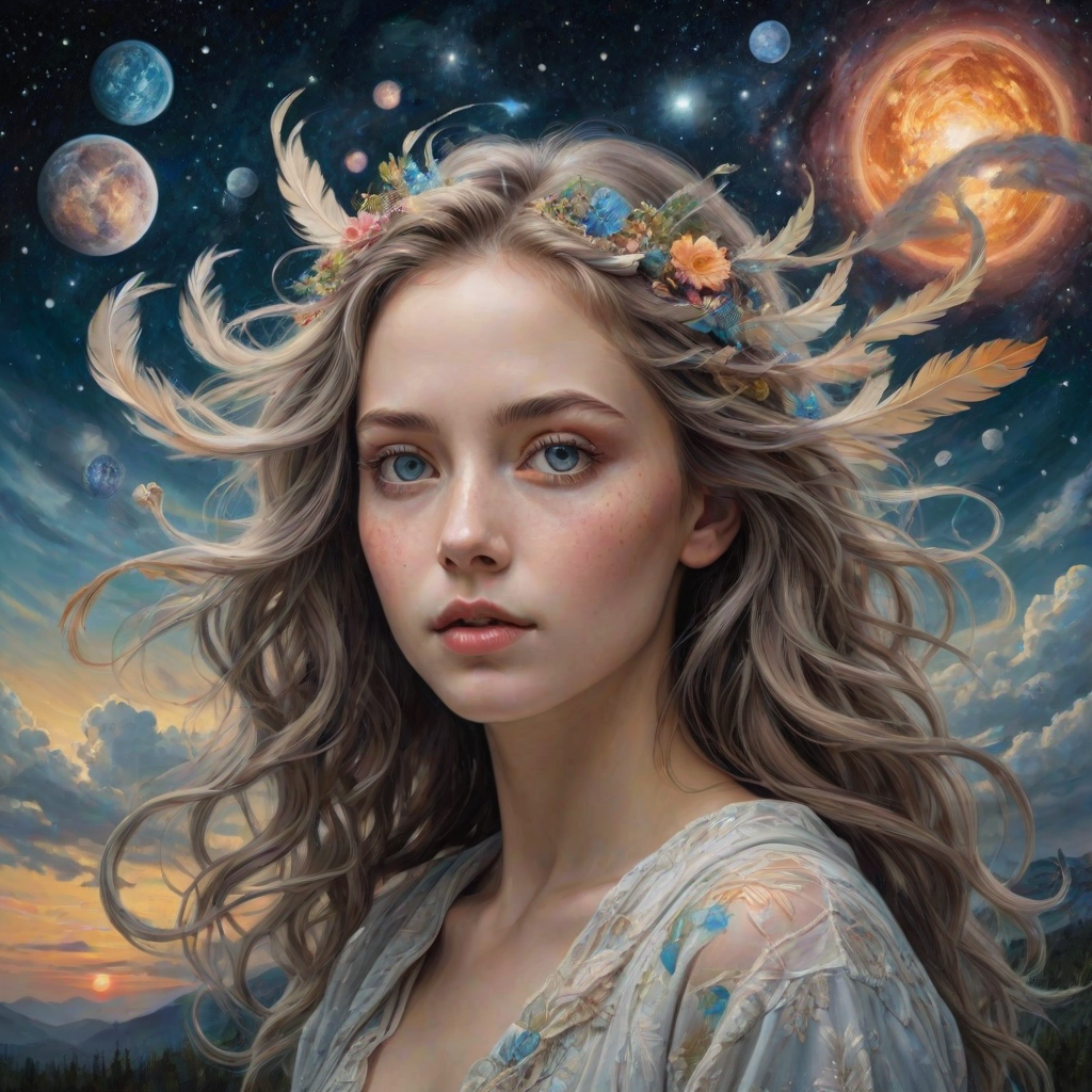 Create a series of imaginative portraits where each subject is infused with elements of fantasy and nature. The hair of the individuals should flow like clouds, varying from soft, fluffy cumulus to wispy cirrus strands, with hints of color reflecting a sunset or a clear blue sky. The eyes should be windows to entire galaxies, with stars, nebulae, and distant planets visible within them. Clothing should be adorned with nature motifs, such as floral patterns that bloom and change, vines that seem to grow and wrap around, or feathers that shimmer with iridescence. Each portrait should capture a unique personality, blending human features with the ethereal beauty of the natural and cosmic world. The backgrounds can vary, from starry night skies to enchanted forests, adding depth and context to the magical realism of the portraits