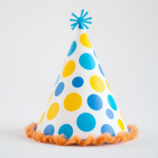 A colorful party hat with a playful design featuring blue and yellow polka dots on a white background, captured with a 50mm lens at f/2.8, ISO 100, in a bright studio setting with soft lighting.