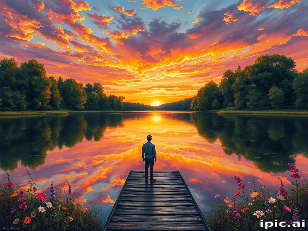 A breathtaking impressionist-realism masterpiece of a serene lake with a vibrant sunset. The sky is painted in hues of orange,pink, and purple, reflecting on the water's surface. In the foreground, a solitary figure stands on a wooden dock, gazing at the horizon. Surrounding the lake are lush green trees and wildflowers in full bloom. The overall composition evokes a sense of tranquility and wonder, with intricate details in the foliage and the figure's expression