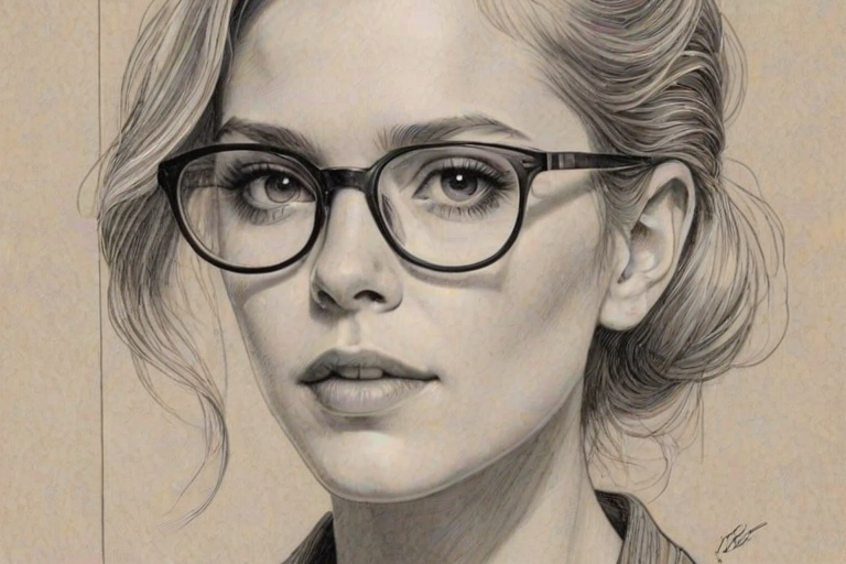 Ravishing Erin Moriarty, pencil sketch, portrait of Magnificent woman 1923s in glasses, hair style beatnik, outline, clear lines, fine lines, 8k