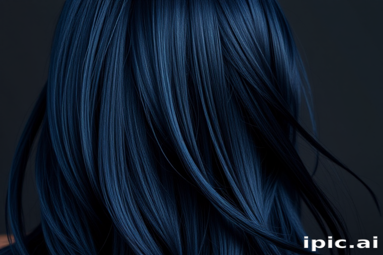 Dramatic Midnight Sapphire mane boasting long, sleek strands in a deep blue-black hue with subtle navy highlights, styled with a wet-look finish