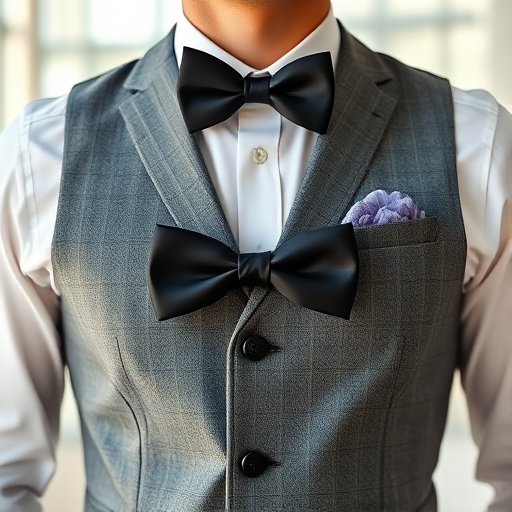 Create an image of a dapper gray waistcoat with a subtle pattern, paired with a classic black bow tie, using a Canon EOS 6D Mark II camera, 50mm lens, f/1.8 aperture, ISO 100, soft natural lighting, and a shallow depth of field to emphasize texture.