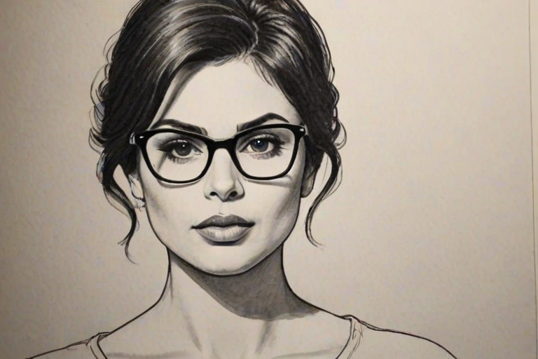 Comely Morena Baccarin, pencil sketch, portrait of Fetching woman 1962s in glasses, hair style beatnik, outline, clear lines, fine lines, 8k
