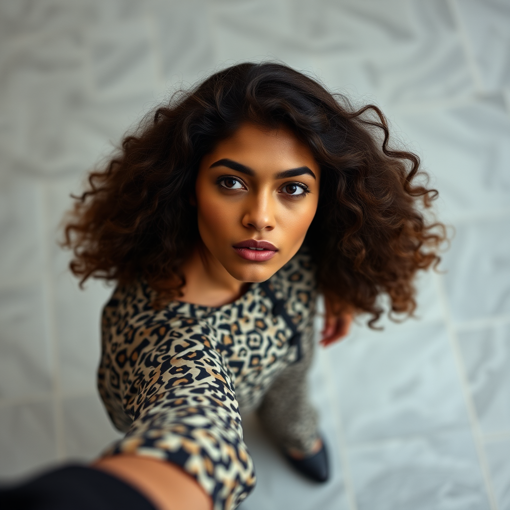 Capture the model from a high angle, emphasizing the outfit’s pattern and silhouette. Use a 35mm prime lens to maintain sharpness and minimize distortion