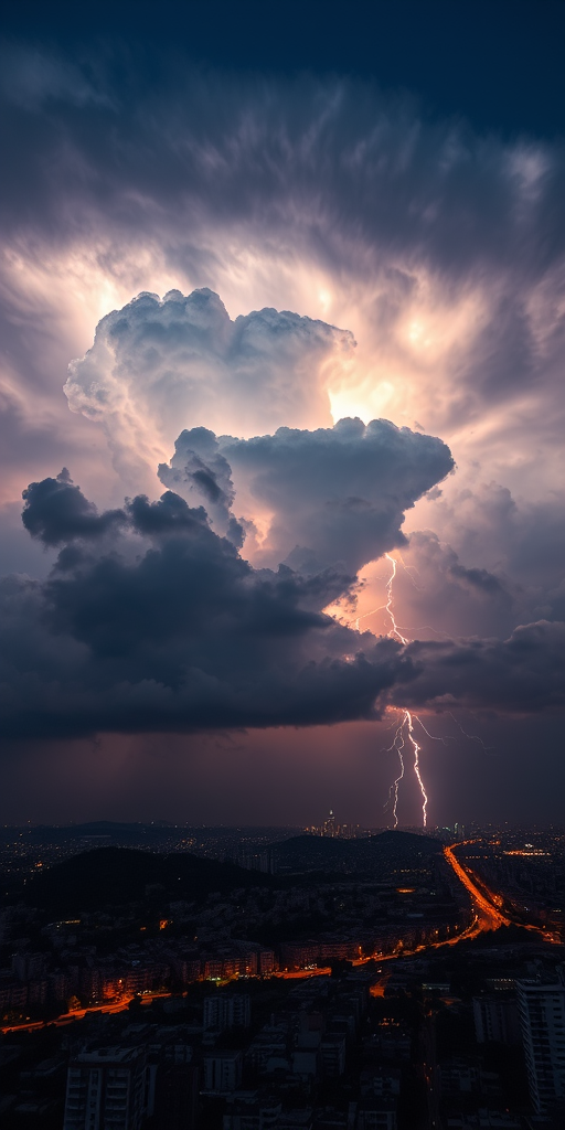 A dramatic view of a massive thunderstorm with a glowing cloud formation illuminated by lightning, over a cityscape at night, captured with a Canon EOS R5, 24mm lens, f/8 aperture, ISO 100, 1/125 sec shutter speed, high dynamic range imaging, aerial perspective.