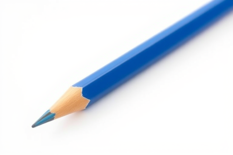 high-resolution image of a blue pencil with a sharp yellow tip on a plain white background, 50mm lens, f/2.8 aperture, 1/100s shutter speed, ISO 200, front view, soft lighting, DSLR camera