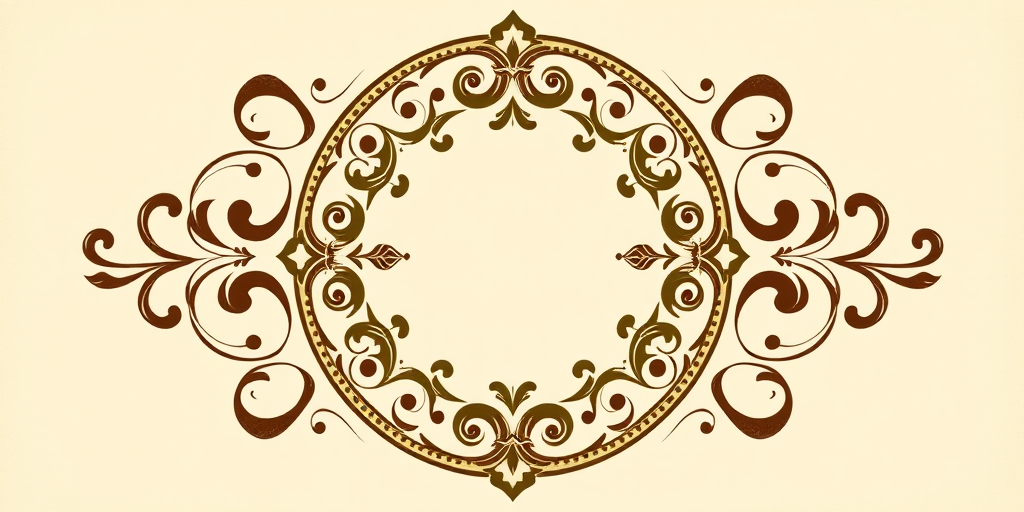 Create a vintage circular emblem design with ornate swirls, leaves, and decorative elements, using a warm color palette of browns, greens, and creams; shot with a DSLR camera at f/5.6 aperture, 50mm lens, ISO 100, in soft natural light for enhanced clarity and detail.